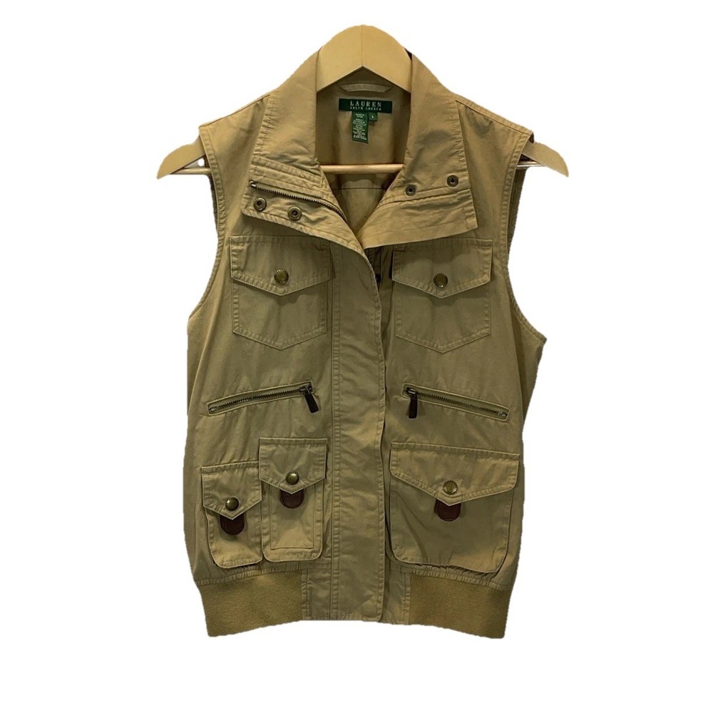 Vintage Polo Ralph Lauren Brown Full zip‎ VEST Pockets Safari Style Size S khaki